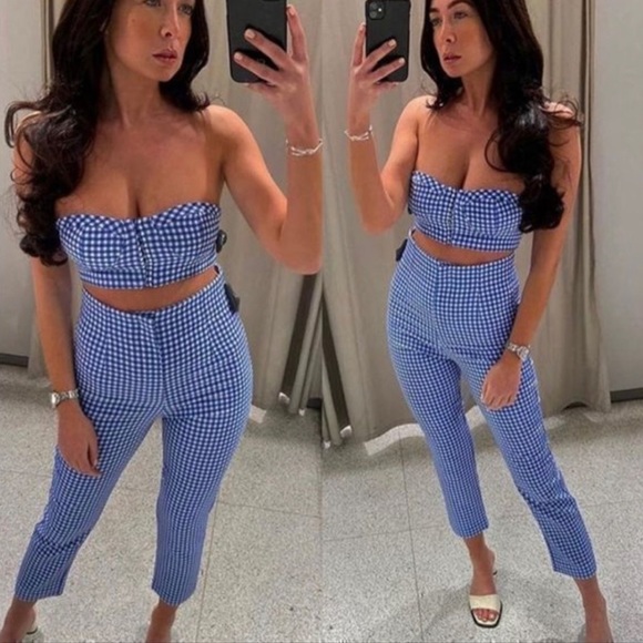 NWT ZARA GINGHAM BLUE WHITE
CROP TOP and pants set SUMMER XL - Picture 1 of 14